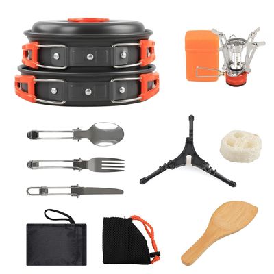 Kit de comedor de aluminio de aleación de acampada con accesorios de cuchara de madera y estufa para mochila